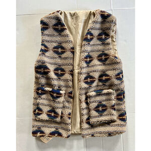 L.I.B. New York Women’s Aztec Sherpa Vest One Size Medium Fuzzy Teddy Bear Blue